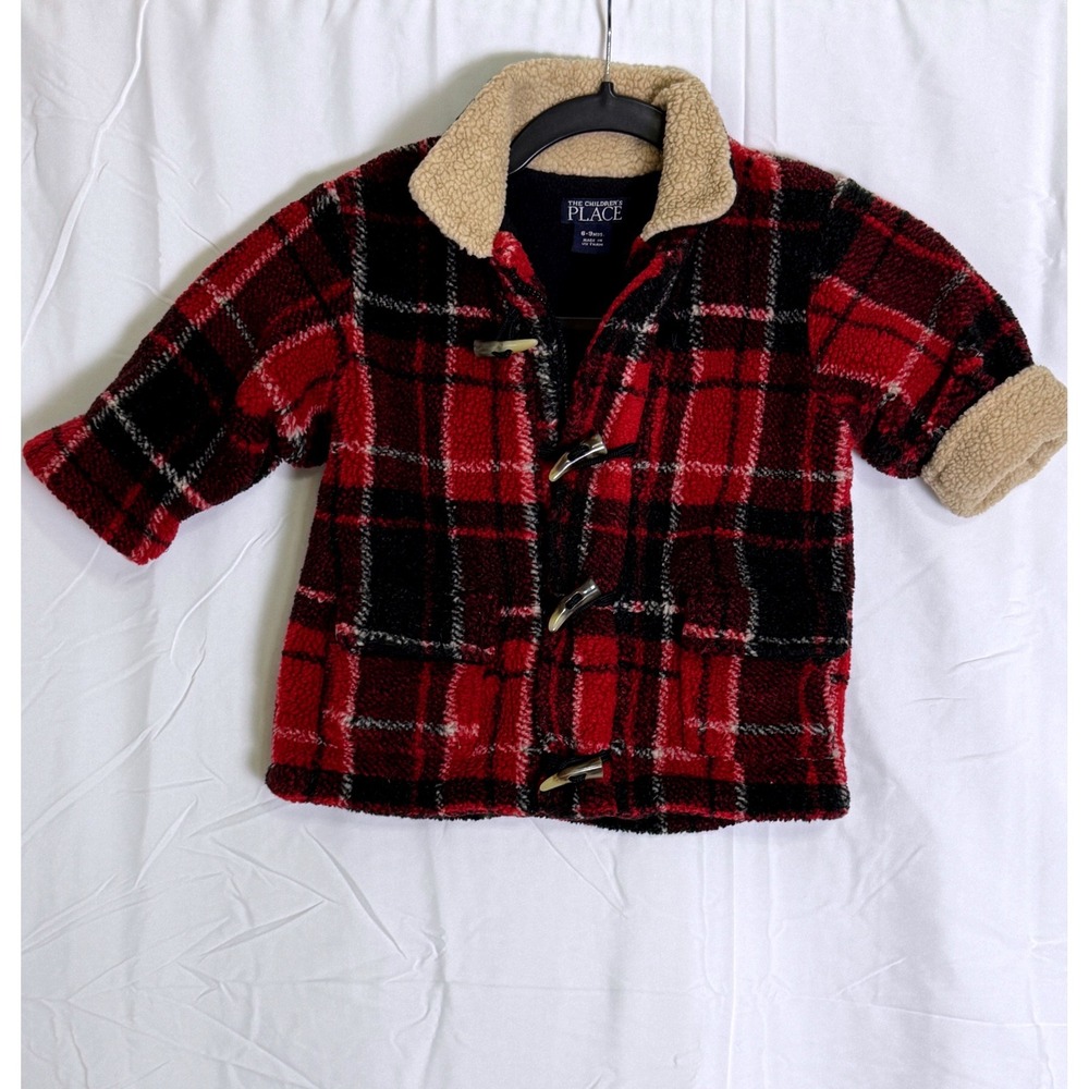 The Childrens Place Boys Red‎ Black Plaid Fleece Toggle Coat Jacket 6-9 Months
